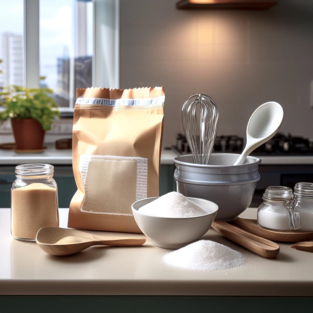 Granulated sugar, brown sugar, and pancake mix displayed on a countertop