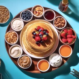 A self-serve CMS pancake breakfast with syrups, fruit, and whipped cream