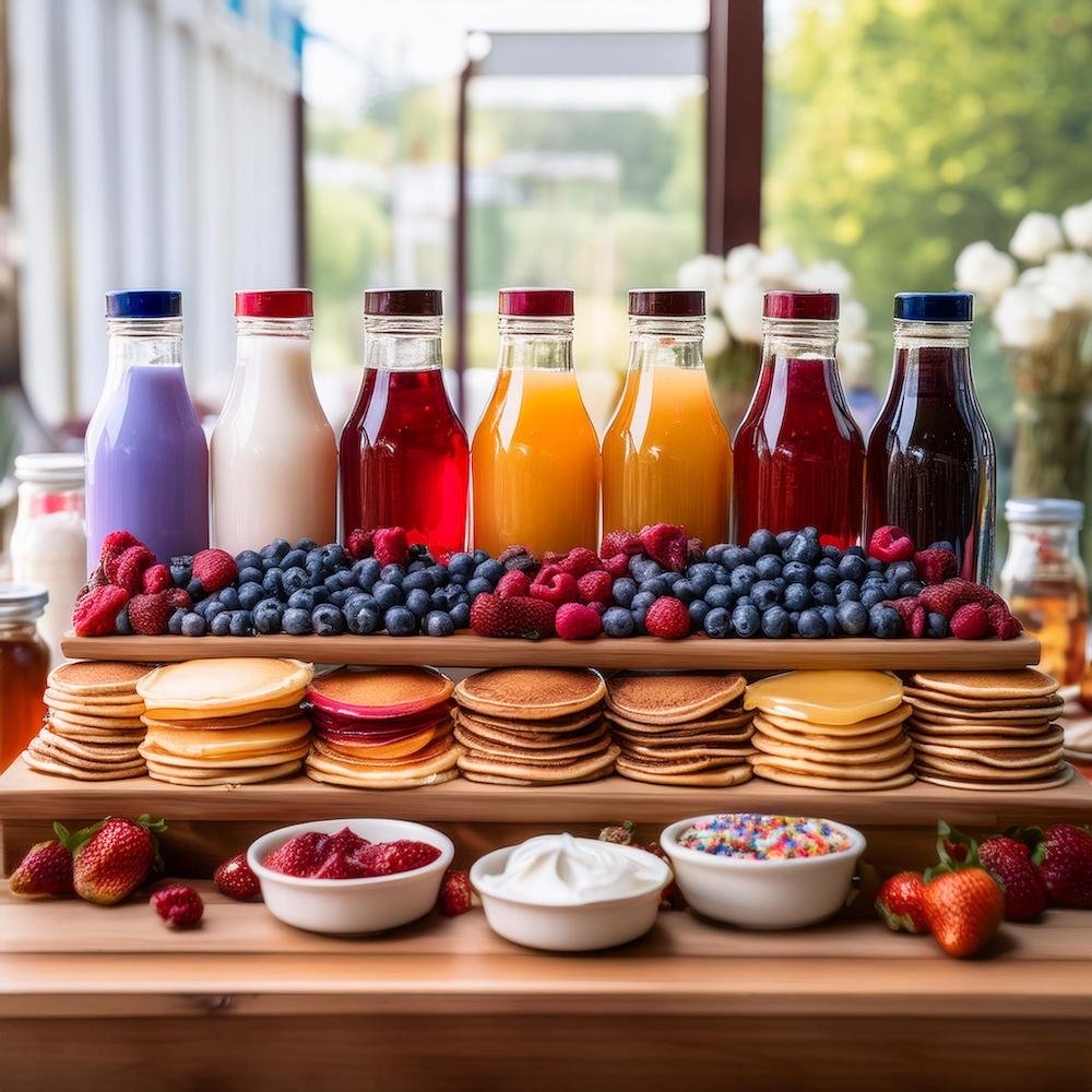 A pancake toppings bar with syrup, fruit, whipped cream, and sprinkles.