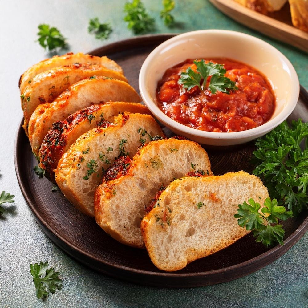 Slices of garbage bread arranged on a platter with marinara sauce for dipping.