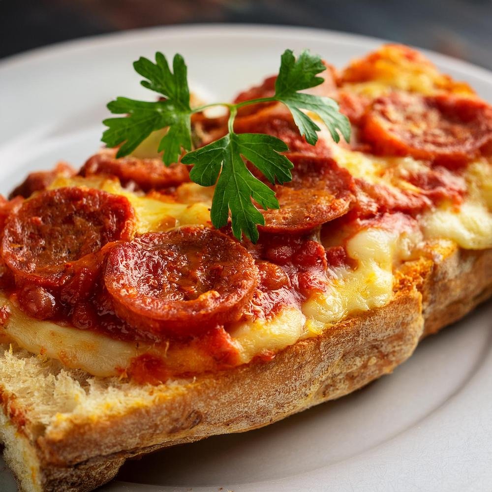 A close-up of a slice of pepperoni garbage bread recipe showing melted cheese and marinara.