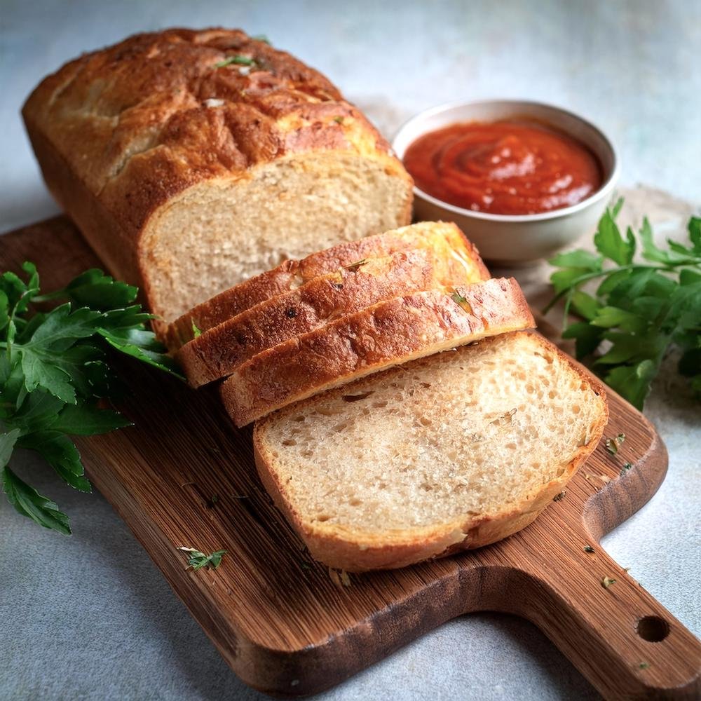 A sliced loaf of garbage bread on a cutting board with garnishes.