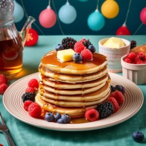 A plate of pancakes with syrup, butter, and fresh fruit served on a decorated table.