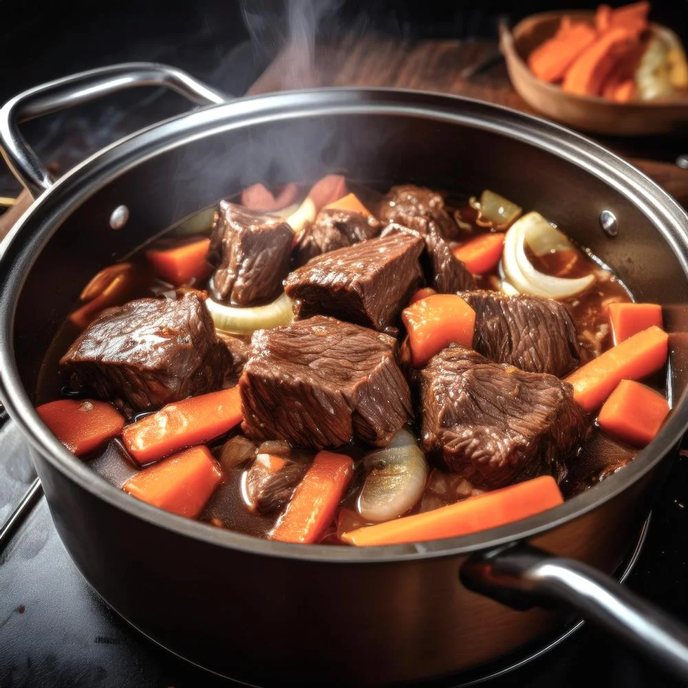 Searing beef chunks in a pot with onions and carrots