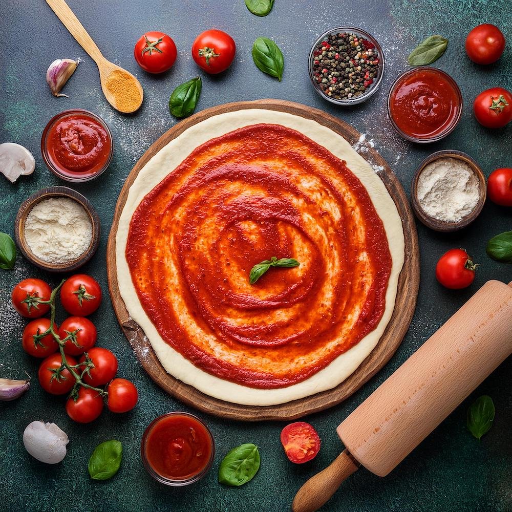 Dough being rolled out and filled with cheese and pepperoni.