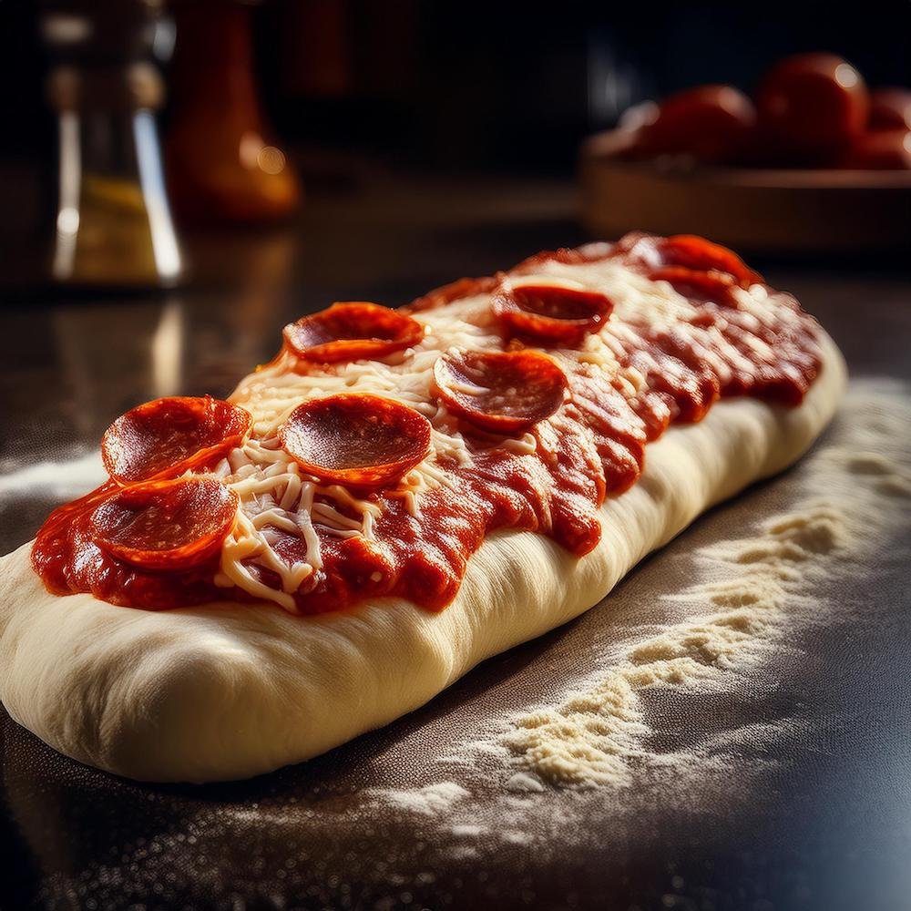 Dough rolled out with marinara sauce, cheese, and pepperoni layered on top