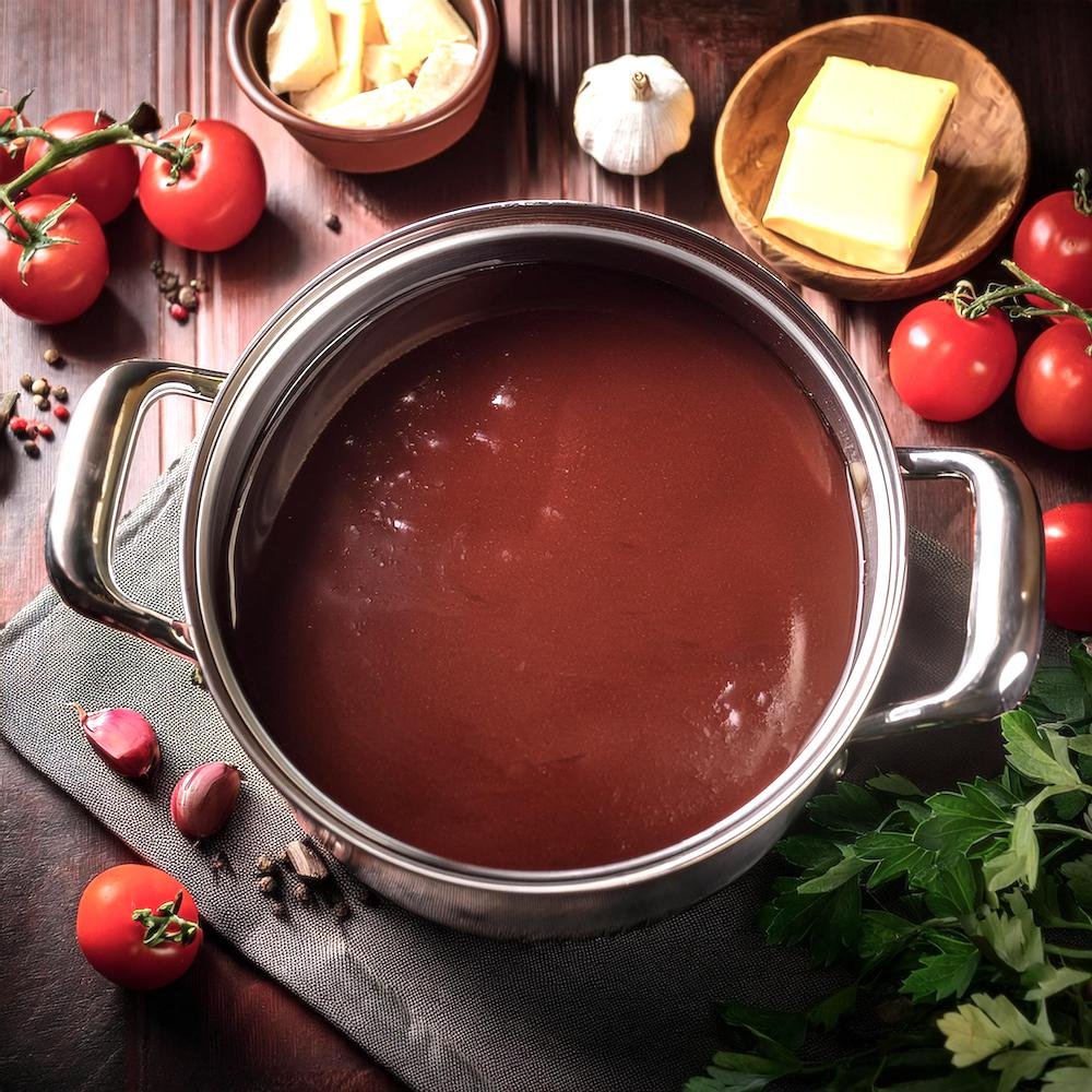 A saucepan with demi-glace sauce simmering, ready to be poured over beef and rice.