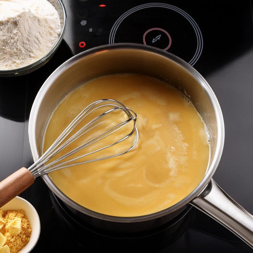 Butter and flour whisked together in a saucepan to make roux