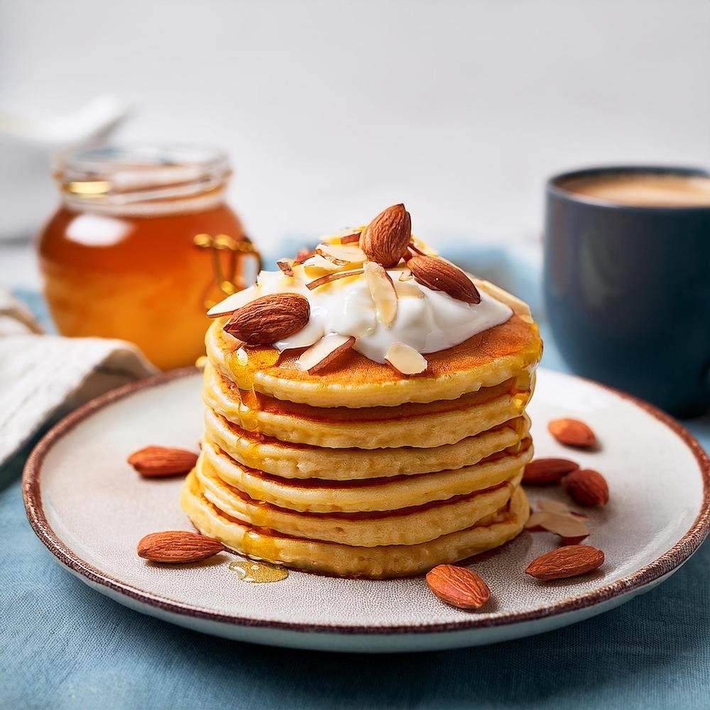 A stack of protein pancakes topped with Greek yogurt and nuts.