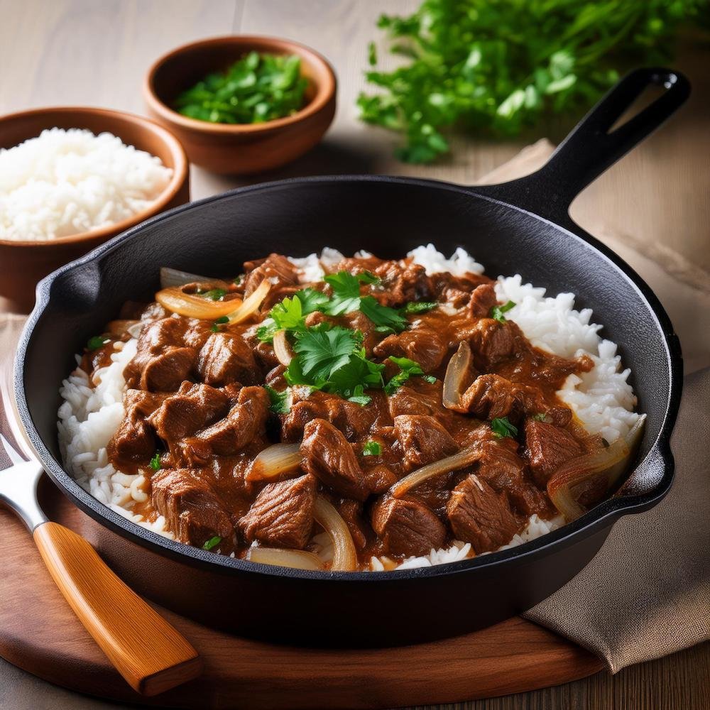 Beef and onions cooking in a skillet with the sauce being added.