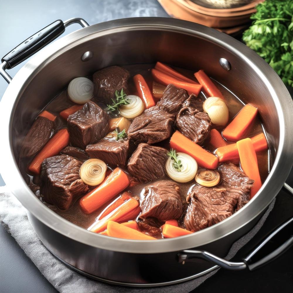 Chunks of beef searing in a pot with onions and carrots.