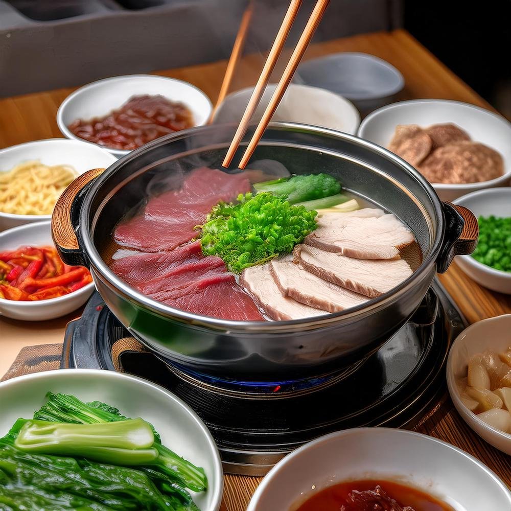 A group enjoying sukiyaki hotpot around a communal table