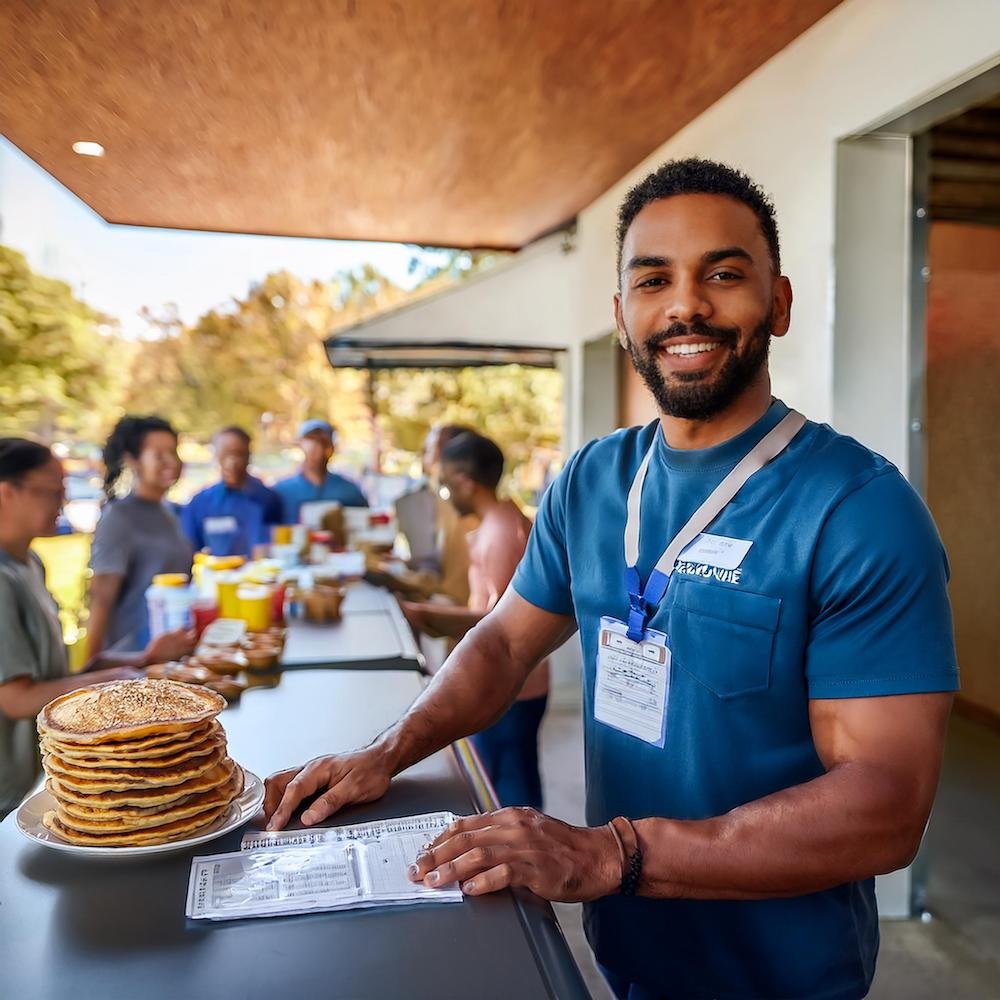 A volunteer selling tickets at the entrance to a pancake breakfast fundraiser.