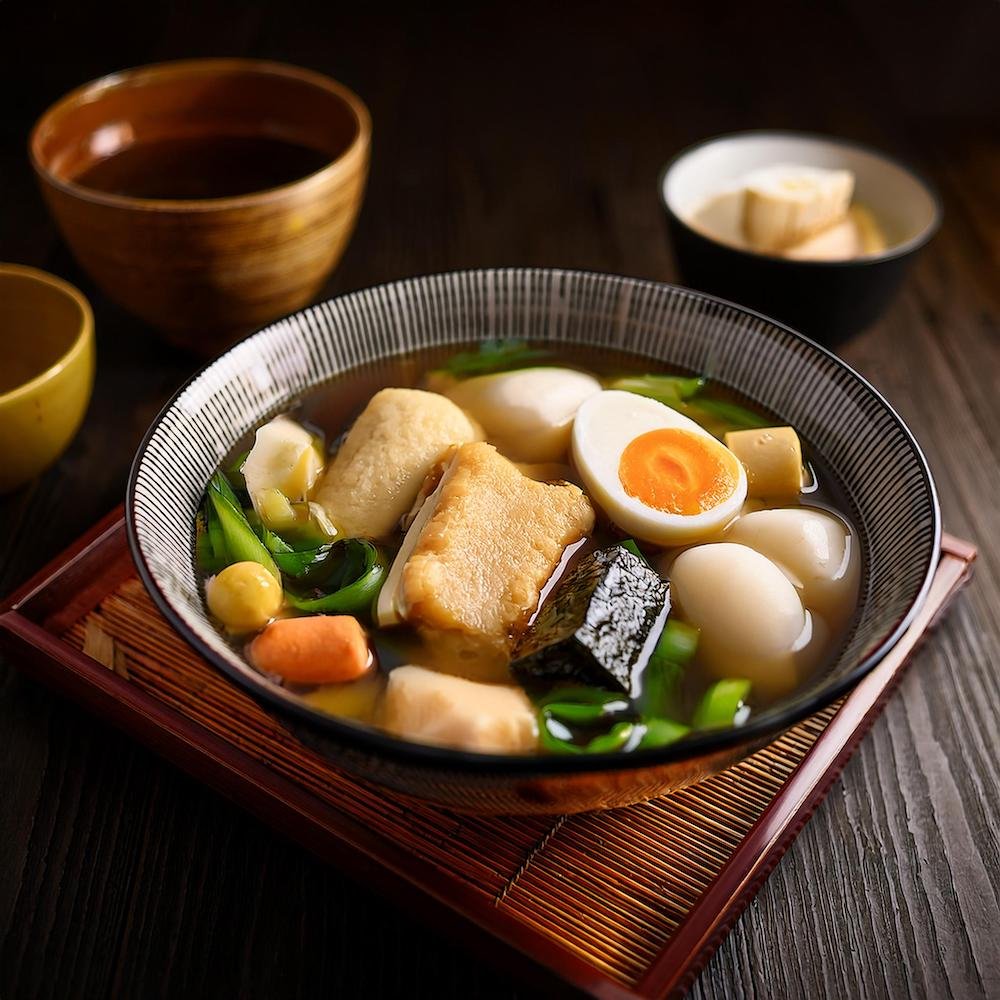 A serving of oden with daikon, fish cakes, and boiled egg in dashi broth