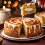 A creamy cinnamon bun cheesecake with a drizzled cream cheese glaze