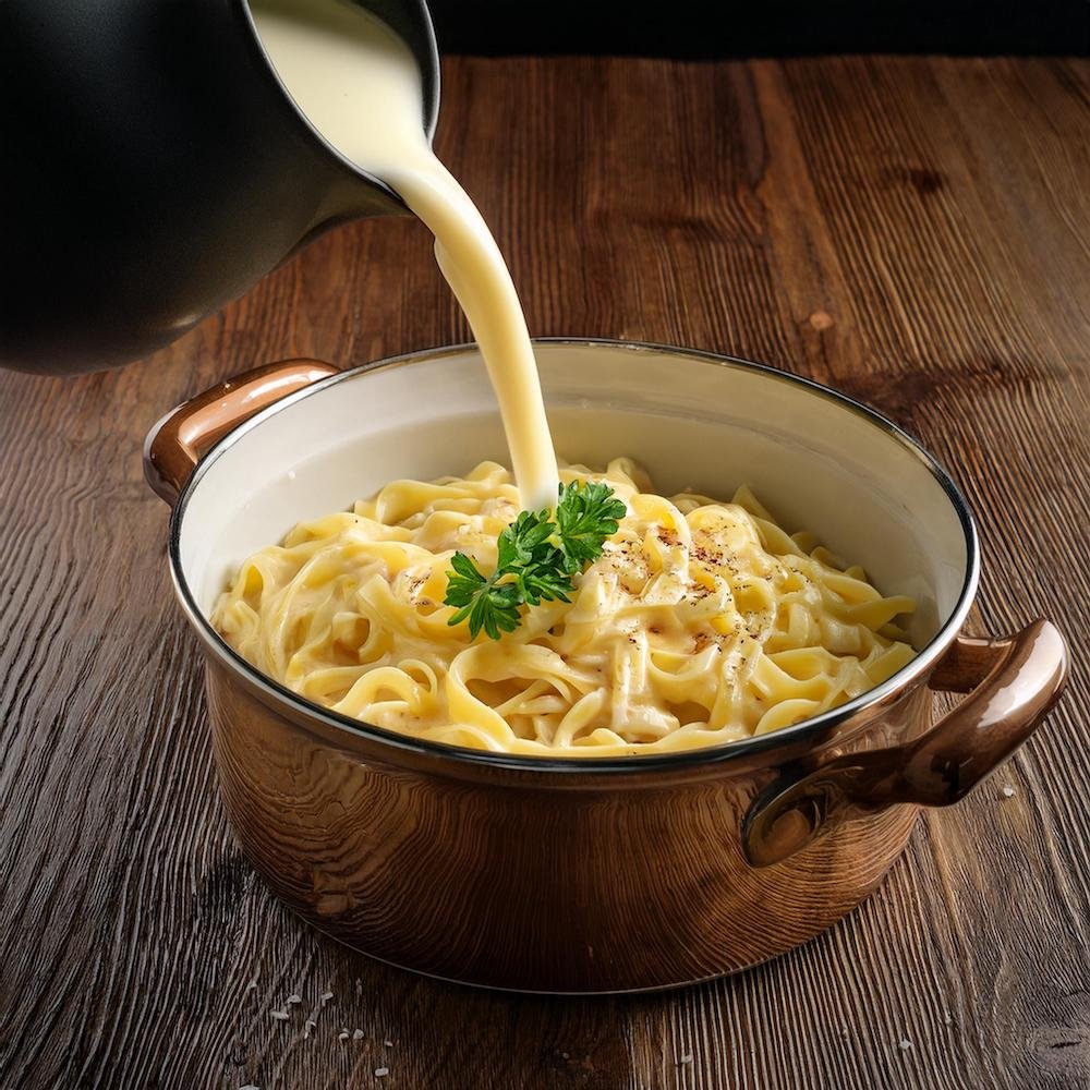 Stirring cream into cafeteria noodles for a rich texture