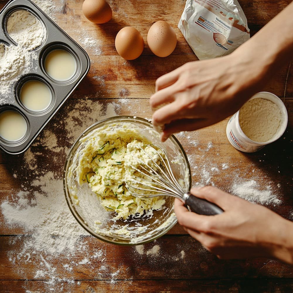 Step-by-step process of making zucchini bran muffins.