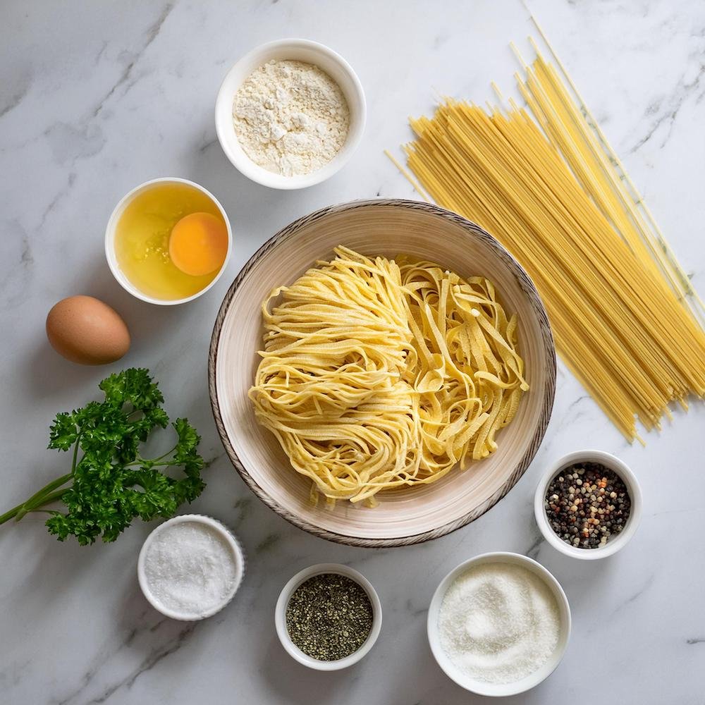 Ingredients for cafeteria noodles laid out on a kitchen counter