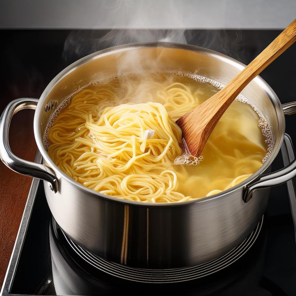 Egg noodles cooking in chicken broth with melting butter