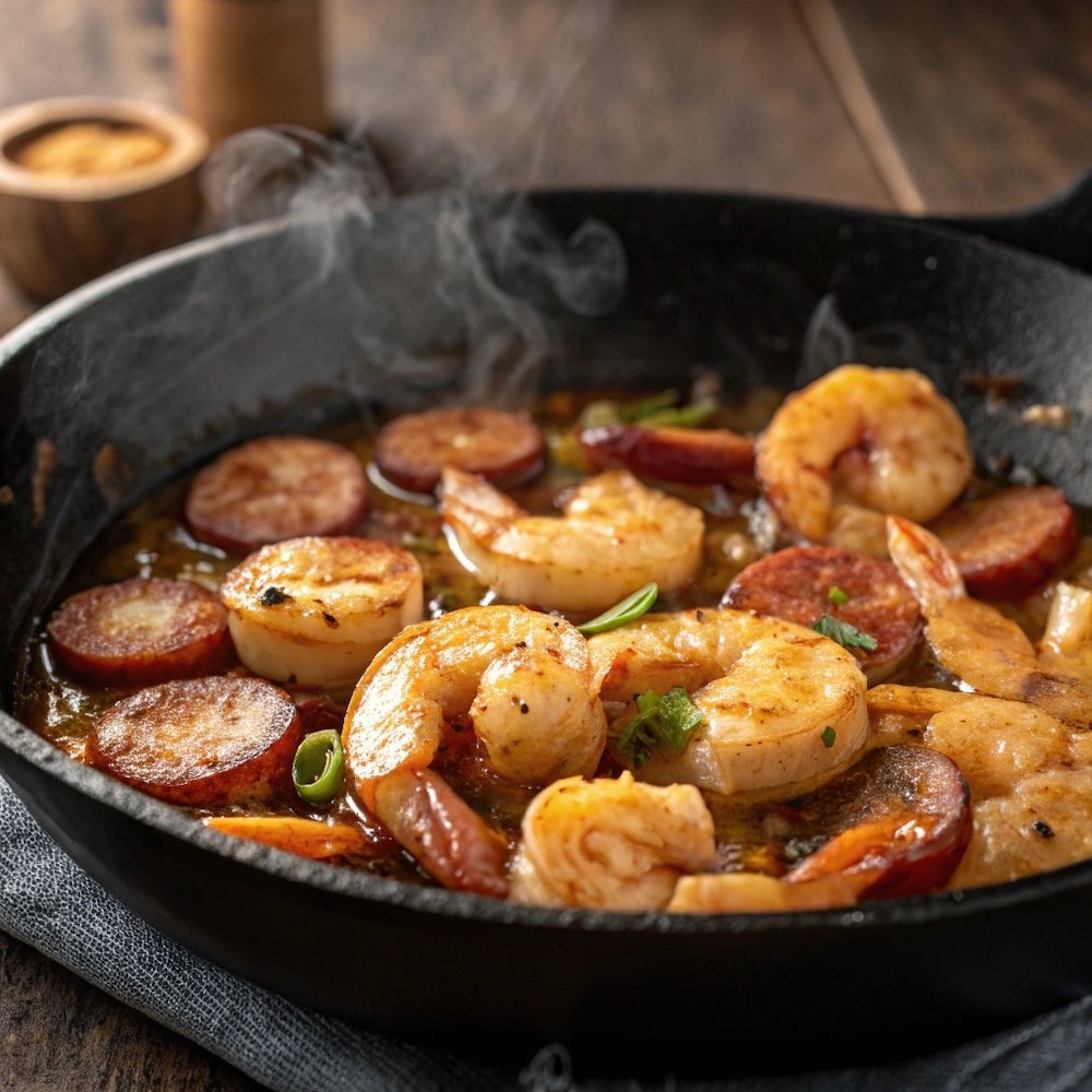 Shrimp and sausage cooking in a skillet with honey garlic sauce