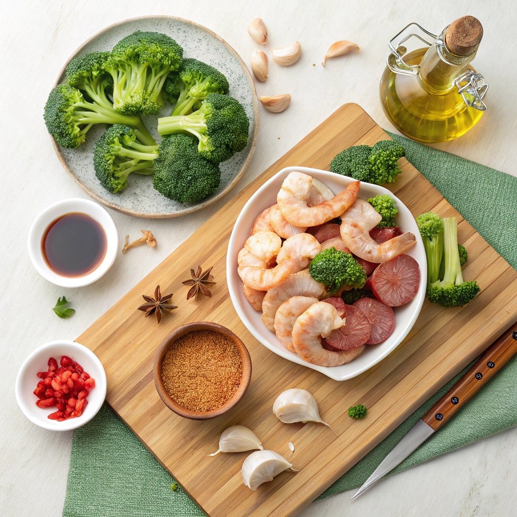 Ingredients for honey garlic shrimp, sausage, and broccoli on a wooden board