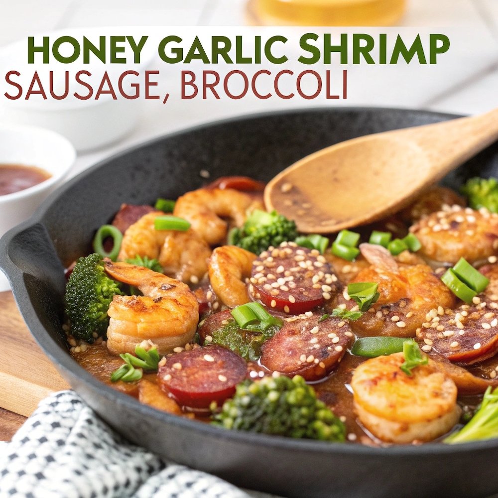 A skillet of honey garlic shrimp, sausage, and broccoli ready to serve