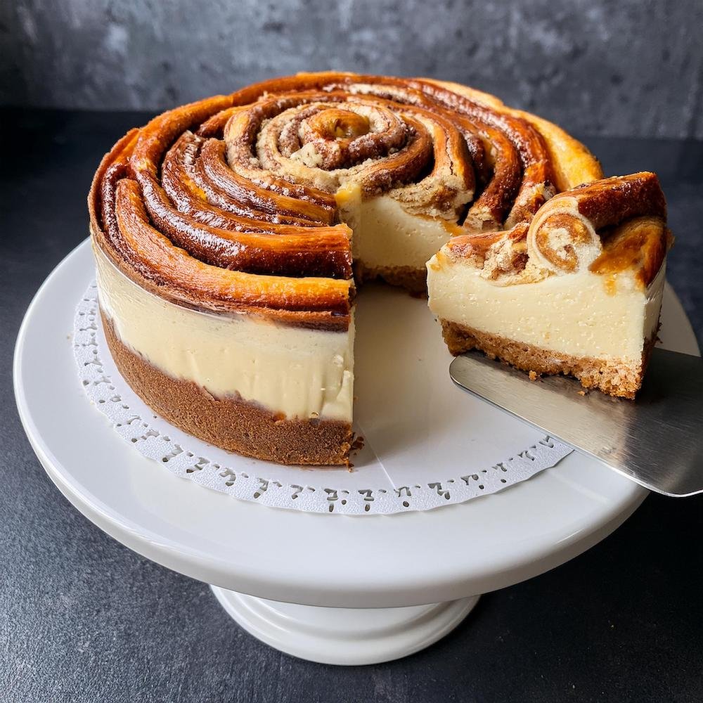 A slice of cinnamon bun cheesecake being served