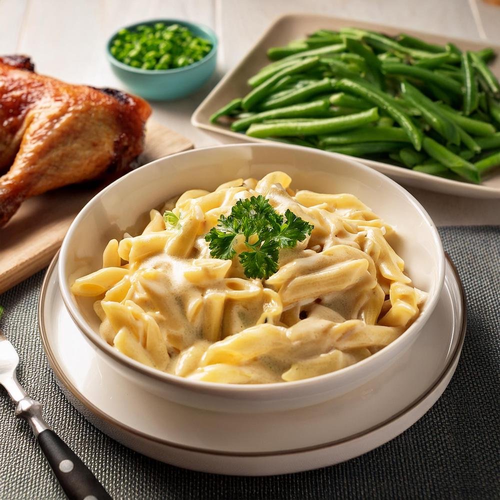 A plate of cafeteria noodles served with roasted chicken and vegetables