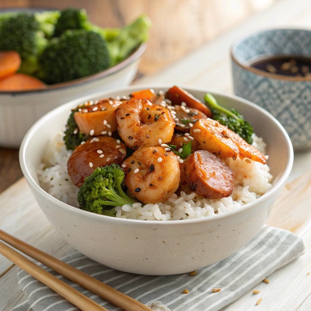 A bowl of honey garlic shrimp, sausage, and broccoli served over rice