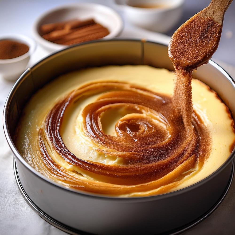 Cinnamon sugar being swirled into cheesecake batter