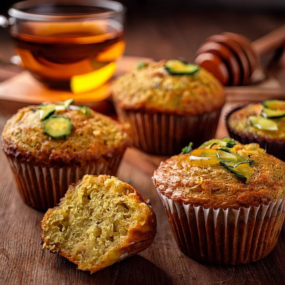 Healthy zucchini bran muffins with golden crust on a wooden table.