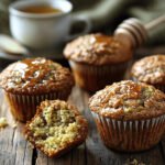 Freshly baked zucchini bran muffins on a rustic wooden table