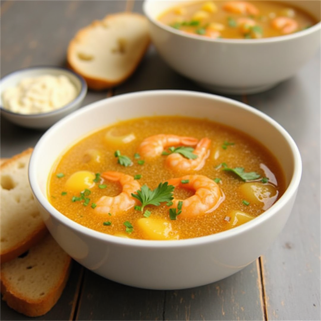 Clam shrimp broth served in a bowl with crusty bread