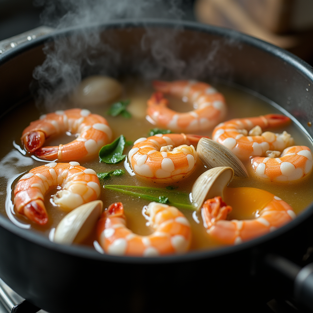 Clam shrimp broth simmering in a pot with fresh herbs
