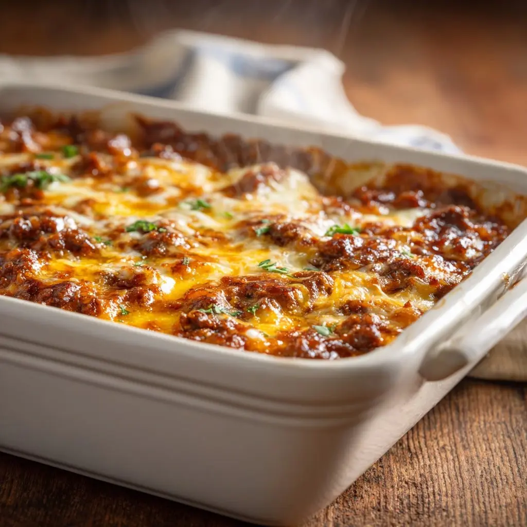 full bbq ground beef and potato casserole ready to serve recipe card
