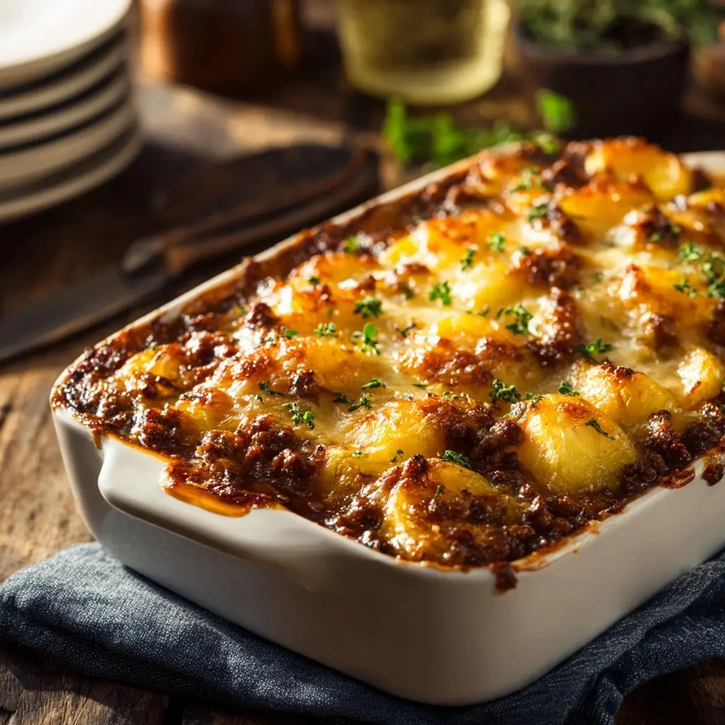 bbq ground beef and potato casserole freshly baked in ceramic dish