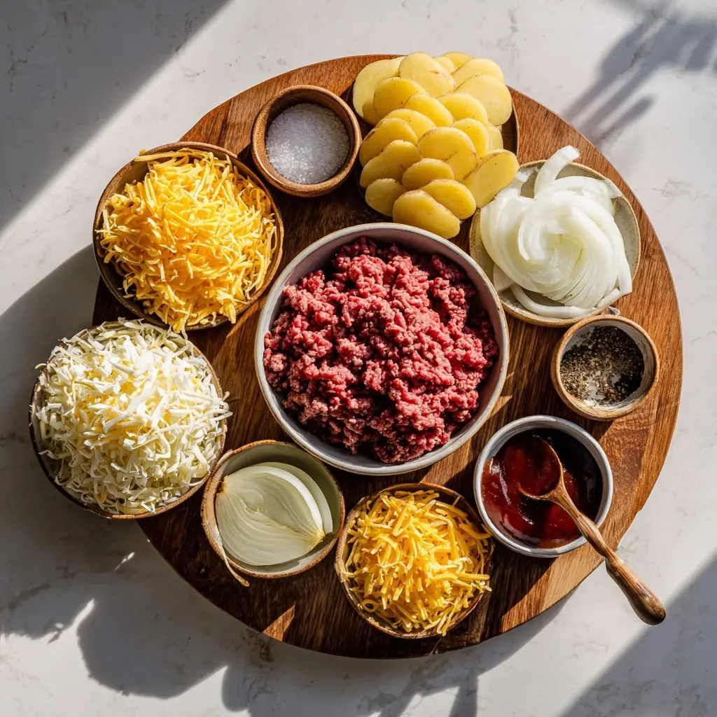 ingredients for bbq ground beef and potato casserole arranged on board