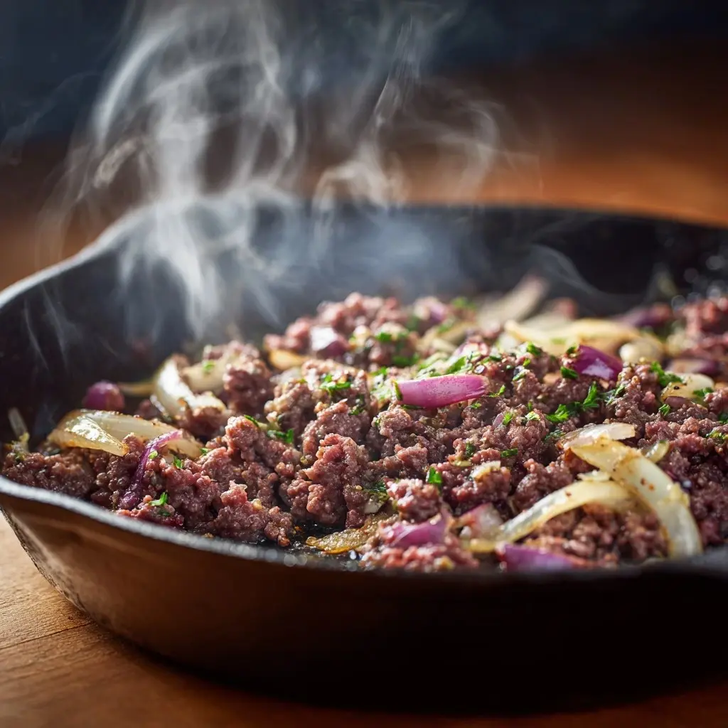 ground beef cooking with onions and garlic for bbq potato casserole
