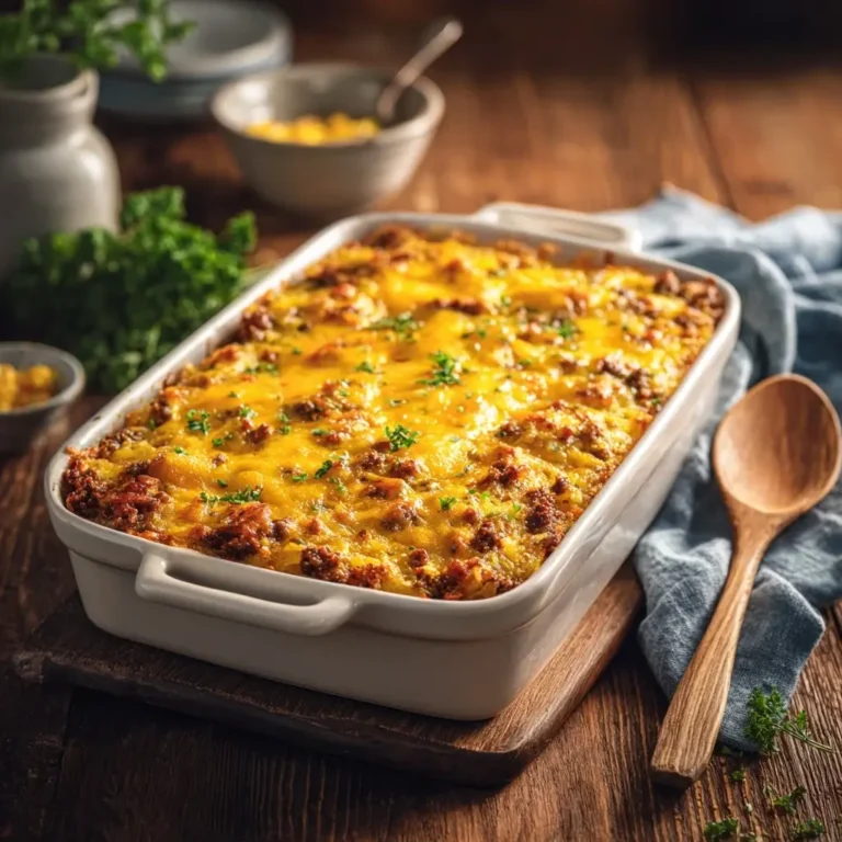 Cheesy ground beef and hash brown casserole fresh from oven