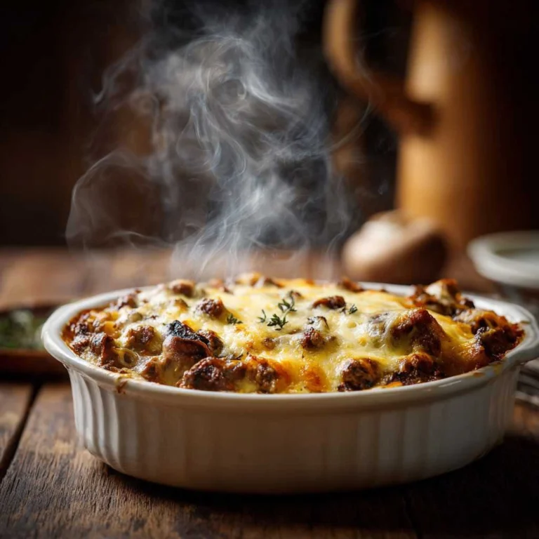 Creamy mushroom ground beef casserole with golden cheese and mushrooms fresh from oven