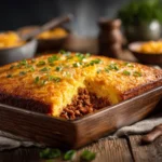 Ground beef and cornbread casserole with golden crust and melted cheese