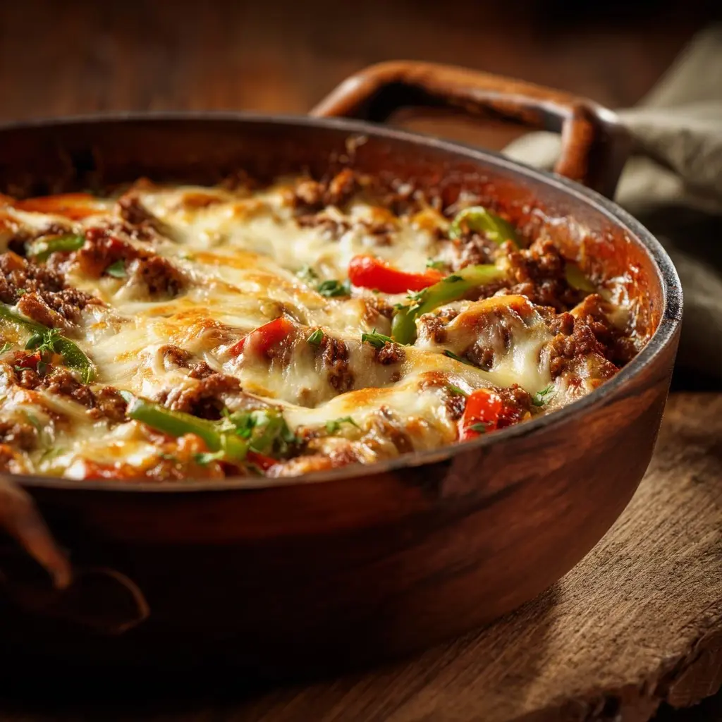 Printable recipe card for ground beef Philly cheesesteak casserole with ingredients