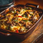 Ground beef Philly cheesesteak casserole with melted provolone and peppers
