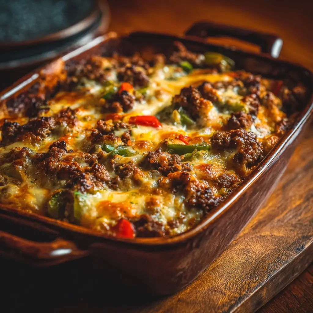 Ground beef Philly cheesesteak casserole with melted provolone and peppers