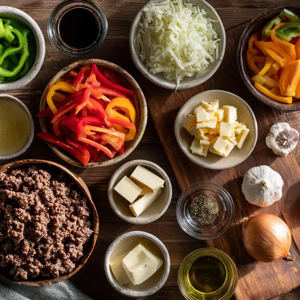Ingredients for ground beef Philly cheesesteak casserole including beef, peppers, and provolone
