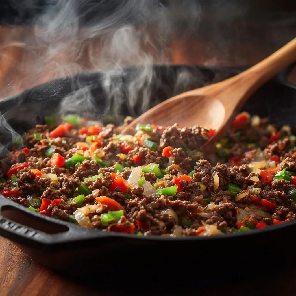 Ground beef cooking with onions and peppers in skillet for Philly cheesesteak casserole