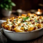 italian ground beef pasta casserole with golden melted cheese