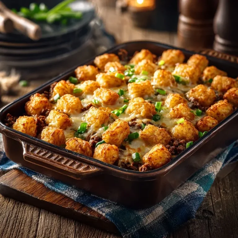 Loaded ground beef tater tot casserole fresh from the oven with golden tater tots and melted cheese