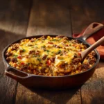 Tex Mex ground beef and rice bake with melted cheese and colorful peppers