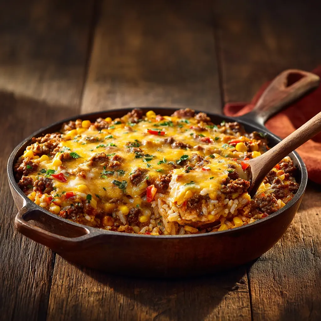 Tex Mex ground beef and rice bake with melted cheese and colorful peppers